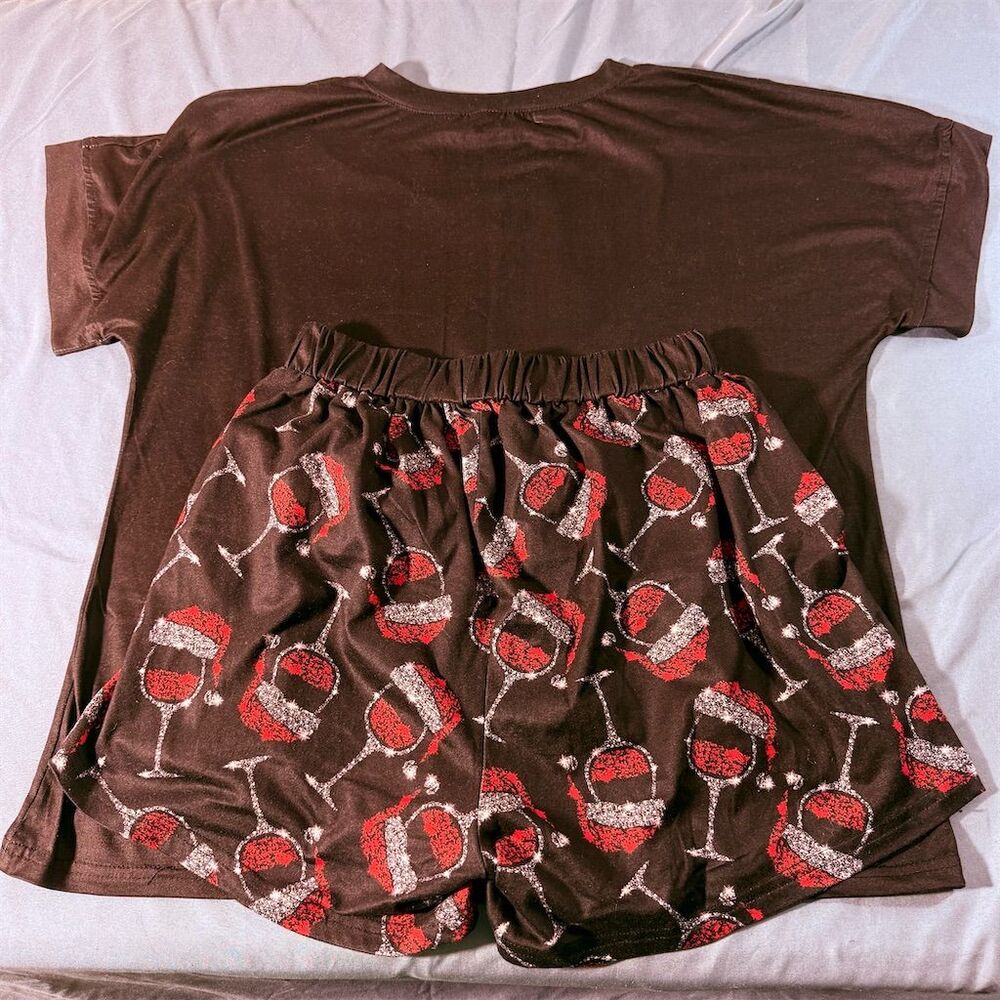 Womens Christmas Wine Glass Santa Hat Pajama Set Black Shorts V-Neck Top Large - Picture 6 of 7